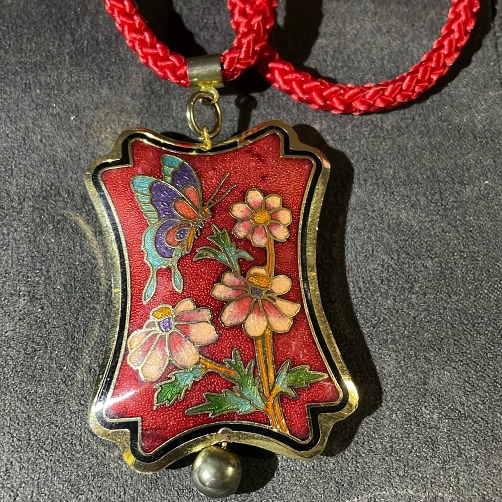 Red Laquer cloisonné butterfly flowers pendant on a red cord